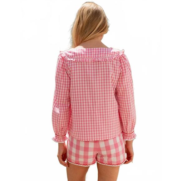 NEW PINK CITY PRINTS esme v-neck long sleeve blouse in candyfloss gingham - Picture 3 of 4